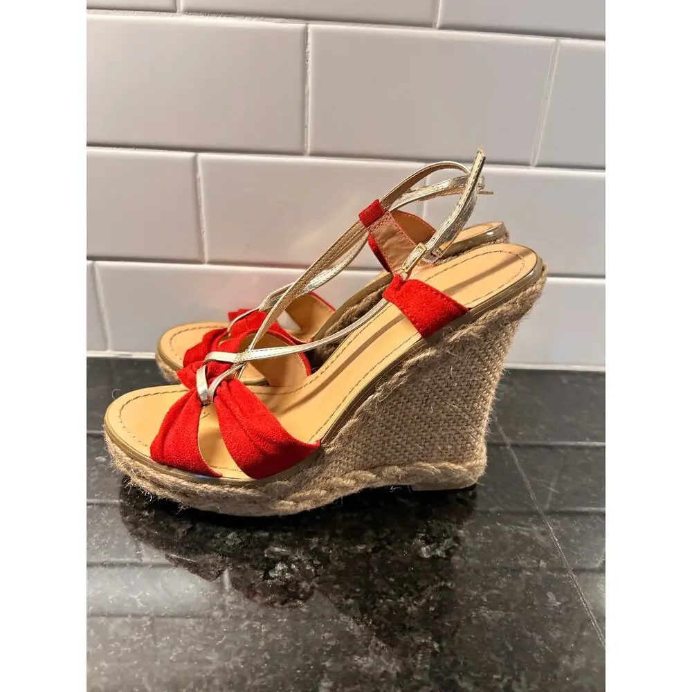 Colin Stuart Suede Espadrille Heel Wedges Sandals Bohemian Tomato‎ Beige SZ 7.5B